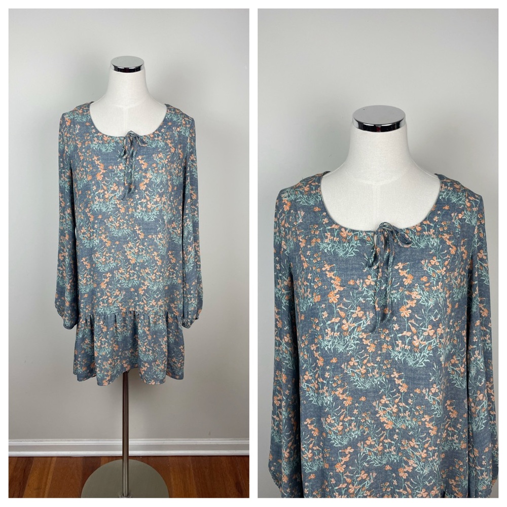 Melrose And Market Gray Blue Orange Floral Long Sleeve Boho Dress Women Medium
